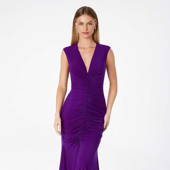 New Sheath Evening Maxi Ruched Dress w/ Cap Sleeves & Deep V-Neckline CD T2009 - Picture 1 of 10